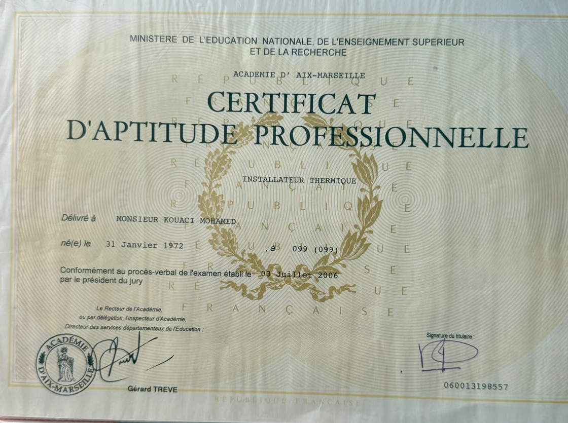 Certificat d'Aptitude Professionnelle — Installateur Thermique
